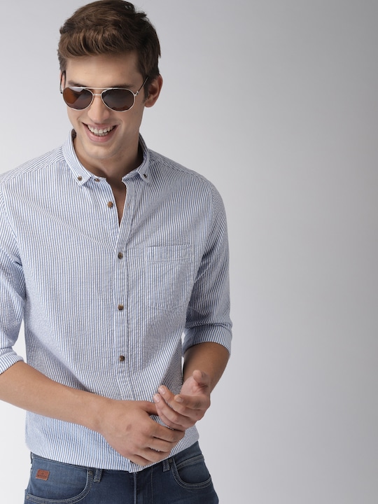 Mast & Harbour Men Blue & White Slim Fit 